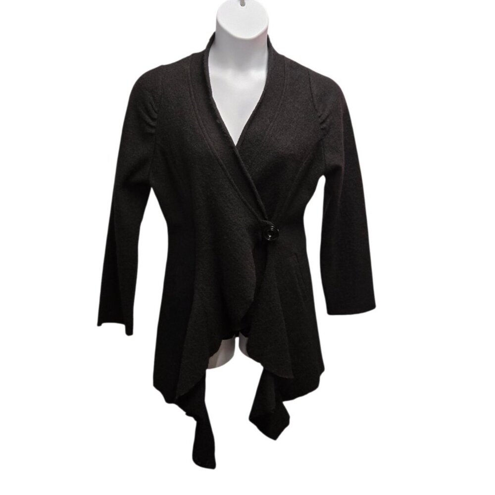 Cynthia Rowley Large Black Boiled Wool Ruffle Cardigan Sweater Witchy Goth